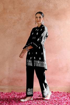 Black colour beautiful chikankari work festive wear kurti bottom set 4