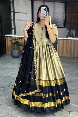 Black plain and weaving border soft cotton silk gown with dupatta 2