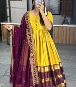 Yallow plain and weaving border soft cotton silk gown with dupatta