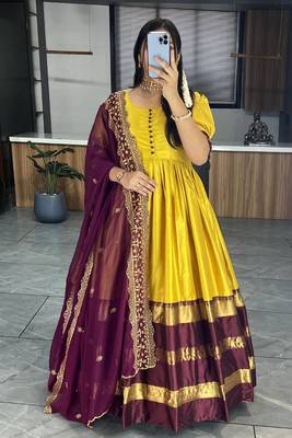 Yallow plain and weaving border soft cotton silk gown with dupatta 2