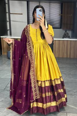 Yallow plain and weaving border soft cotton silk gown with dupatta 3