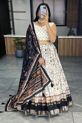 White Printed Soft Dola Silk Lehenga Choli With Blouse And Dupatta 1