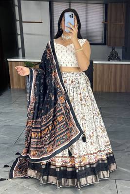 White Printed Soft Dola Silk Lehenga Choli With Blouse And Dupatta 3