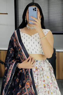 White Printed Soft Dola Silk Lehenga Choli With Blouse And Dupatta 5