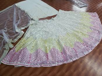 Dazzling Off-white Thread embroidered with papep mirror work georgette semi stitched lehenga choli with wedding 9