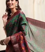 Green cotton patola print silver zari border/tassels saree with unstitched blouse piece