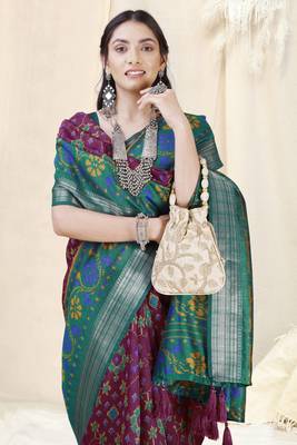 Magenta Cotton Patola Print Silver Zari Border/Tassels Saree With Unstitched Blouse Piece 1