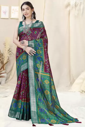 Magenta Cotton Patola Print Silver Zari Border/Tassels Saree With Unstitched Blouse Piece