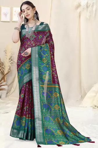 Magenta Cotton Patola Print Silver Zari Border/Tassels Saree With Unstitched Blouse Piece