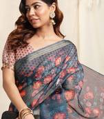 Grey Kota Doria Lotas Floral Print Golden Zari Border Saree With Unstitched Blouse Piece