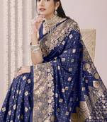 Navy Blue Banarasi silk blendWoven Design Woven Golden Zari Border Saree With Unstitched Blouse Piece