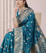 Dark teal art banarasi silk woven golden zari border saree with unstitched blouse piece