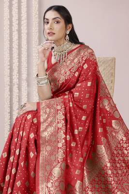Red Banarasi silk blend woven design woven golden zari border saree with unstitched blouse piece 1