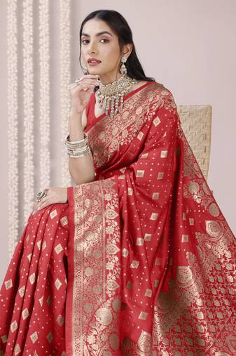 Red Banarasi silk blend woven design woven golden zari border saree with unstitched blouse piece