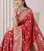 Red Banarasi silk blend woven design woven golden zari border saree with unstitched blouse piece