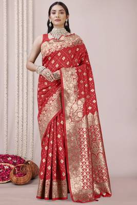 Red Banarasi silk blend woven design woven golden zari border saree with unstitched blouse piece 2