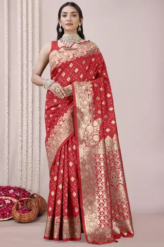 Red Banarasi silk blend woven design woven golden zari border saree with unstitched blouse piece