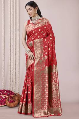 Red Banarasi silk blend woven design woven golden zari border saree with unstitched blouse piece 3