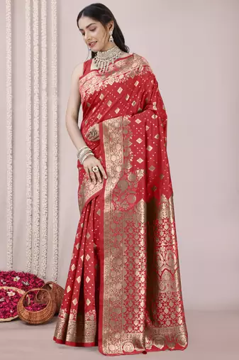 Red Banarasi silk blend woven design woven golden zari border saree with unstitched blouse piece