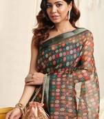Green Kota Doria Colorblock Print Golden Zari Border Saree With Unstitched Blouse Piece