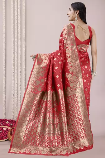 Red Banarasi silk blend woven design woven golden zari border saree with unstitched blouse piece