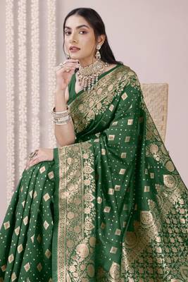 Green Banarasi silk blendWoven Design Woven Golden Zari Border Saree With Unstitched Blouse Piece 1