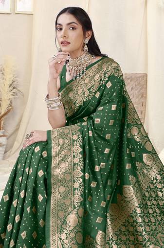 Green Banarasi silk blendWoven Design Woven Golden Zari Border Saree With Unstitched Blouse Piece