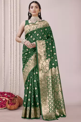 Green Banarasi silk blendWoven Design Woven Golden Zari Border Saree With Unstitched Blouse Piece