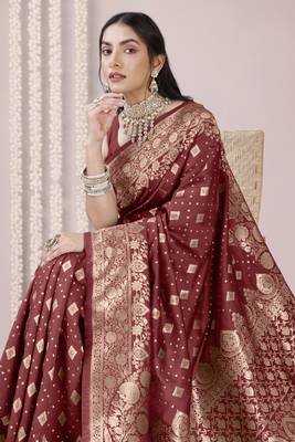 Maroon art Banarasi Silk Woven Golden Zari Border Saree With Unstitched Blouse Piece 1