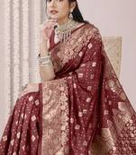 Maroon art Banarasi Silk Woven Golden Zari Border Saree With Unstitched Blouse Piece