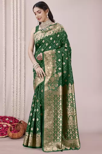 Green Banarasi silk blendWoven Design Woven Golden Zari Border Saree With Unstitched Blouse Piece
