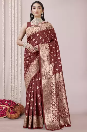 Maroon art Banarasi Silk Woven Golden Zari Border Saree With Unstitched Blouse Piece