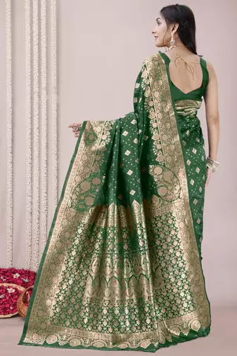 Green Banarasi silk blendWoven Design Woven Golden Zari Border Saree With Unstitched Blouse Piece