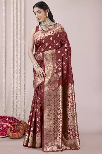 Maroon art Banarasi Silk Woven Golden Zari Border Saree With Unstitched Blouse Piece