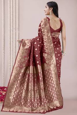 Maroon art Banarasi Silk Woven Golden Zari Border Saree With Unstitched Blouse Piece 4