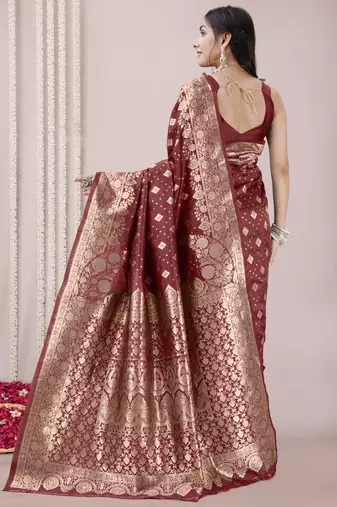 Maroon art Banarasi Silk Woven Golden Zari Border Saree With Unstitched Blouse Piece
