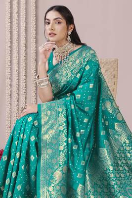 Teal art Banarasi Silk Woven Golden Zari Border Saree With Unstitched Blouse Piece 1