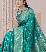 Teal art Banarasi Silk Woven Golden Zari Border Saree With Unstitched Blouse Piece