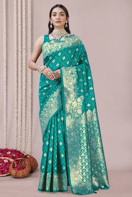 Teal art Banarasi Silk Woven Golden Zari Border Saree With Unstitched Blouse Piece 2