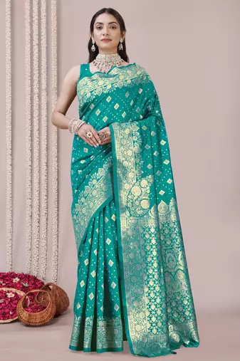 Teal art Banarasi Silk Woven Golden Zari Border Saree With Unstitched Blouse Piece