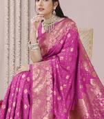 Magenta art Banarasi Silk Woven Golden Zari Border Saree With Unstitched Blouse Piece