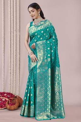 Teal art Banarasi Silk Woven Golden Zari Border Saree With Unstitched Blouse Piece 3