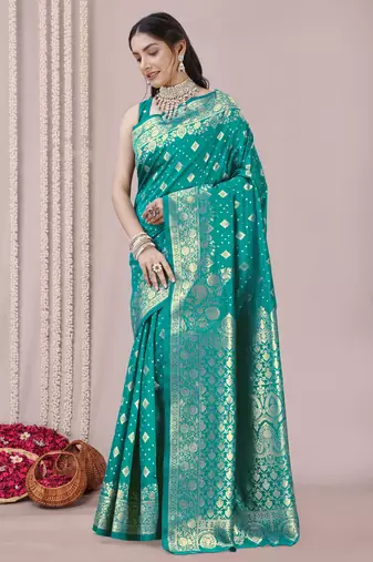 Teal art Banarasi Silk Woven Golden Zari Border Saree With Unstitched Blouse Piece