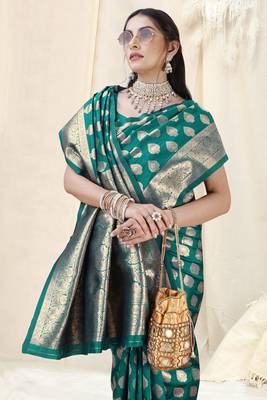 Teal Banarasi silk blendWoven Design Woven Golden Zari Border Saree With Unstitched Blouse Piece 1