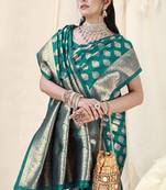 Teal Banarasi silk blendWoven Design Woven Golden Zari Border Saree With Unstitched Blouse Piece