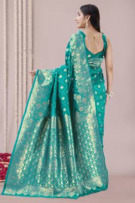 Teal art Banarasi Silk Woven Golden Zari Border Saree With Unstitched Blouse Piece 4