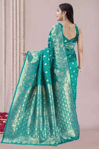 Teal art Banarasi Silk Woven Golden Zari Border Saree With Unstitched Blouse Piece