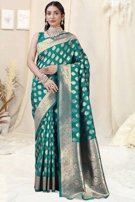 Teal Banarasi silk blendWoven Design Woven Golden Zari Border Saree With Unstitched Blouse Piece 2