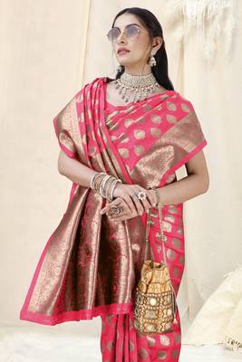 Pink Banarasi silk blend woven design woven golden zari border saree with unstitched blouse piece 1