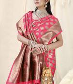 Pink Banarasi silk blend woven design woven golden zari border saree with unstitched blouse piece